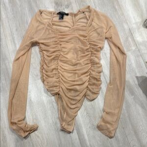 Forever 21 Tan Ruched Long Sleeve Bodysuit